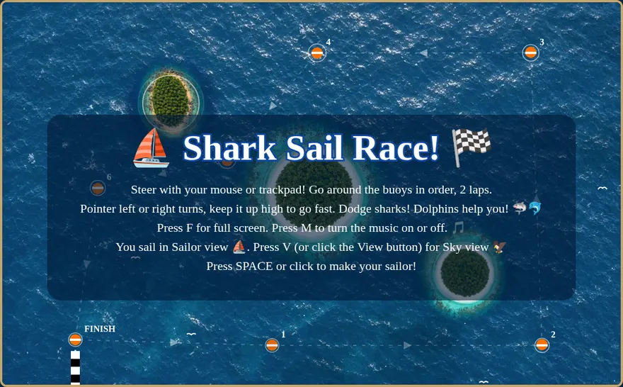 Shark Sail Race title screen with islands and buoys