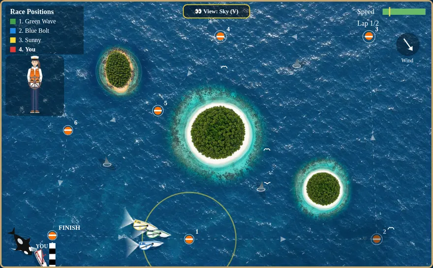 Shark Sail Race sky view: sailboats racing past tropical islands